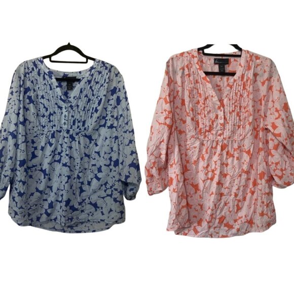 Lane Bryant EUC size 14/16 set of 2 cotton floral popover pleated blouses - Picture 1 of 8